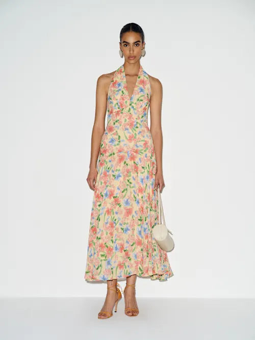 Butter Yellow Floral Halter Neck Open Back Tiered Prom Dress