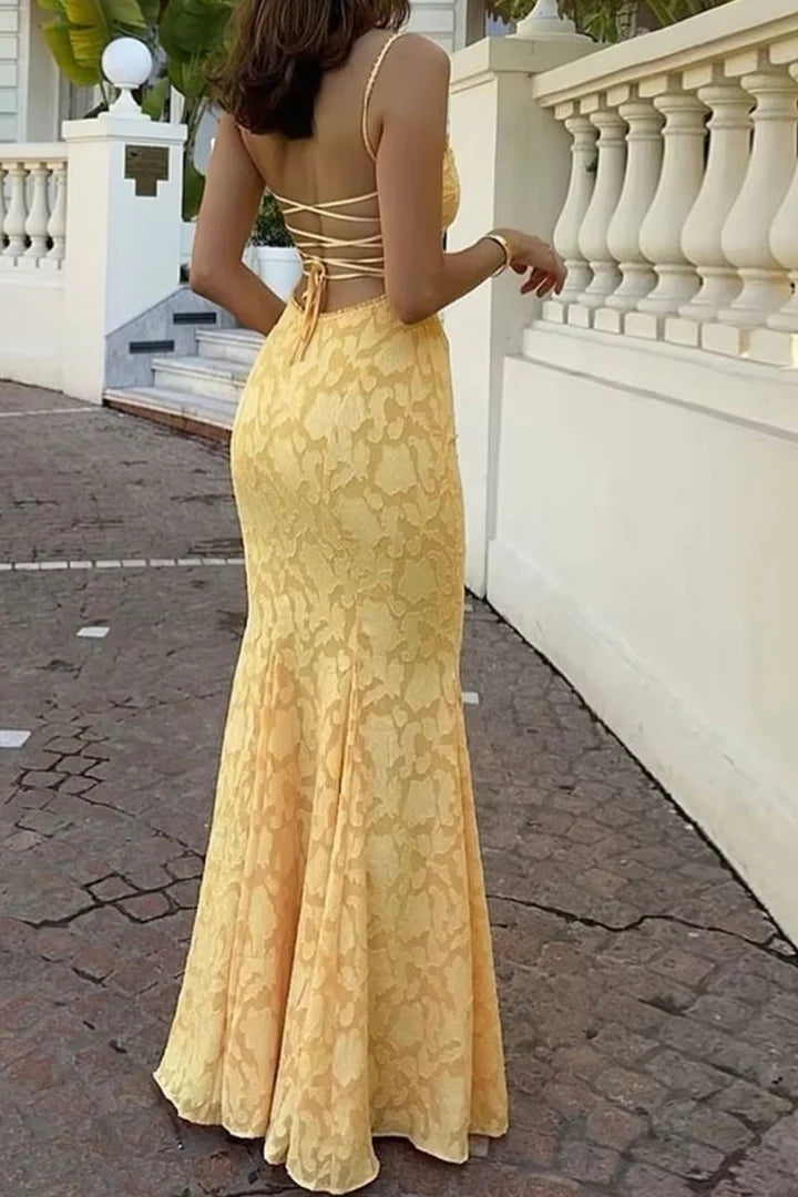 Butter Yellow Floral Lace Spaghetti Strap Mermaid Maxi Dress with Lace Up Back