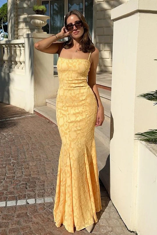 Butter Yellow Floral Lace Spaghetti Strap Mermaid Maxi Dress with Lace Up Back
