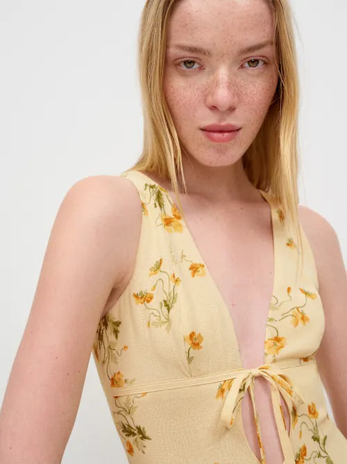 Butter Yellow Floral Print Deep V-Neck Tie Front Cutout Prom Dress