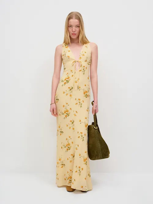 Butter Yellow Floral Print Deep V-Neck Tie Front Cutout Prom Dress