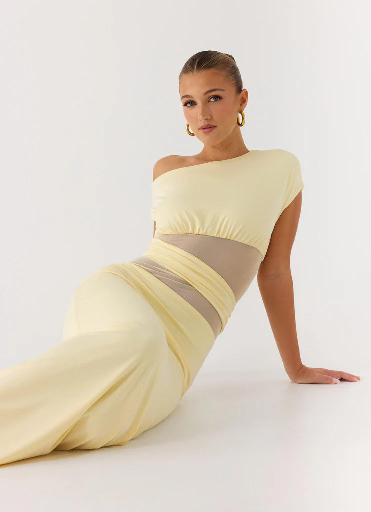 Butter Yellow One Shoulder Mesh Cutout Maxi Prom Dress For Glam Formal Evening Events