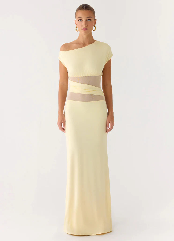 Butter Yellow One Shoulder Mesh Cutout Maxi Prom Dress For Glam Formal Evening Events