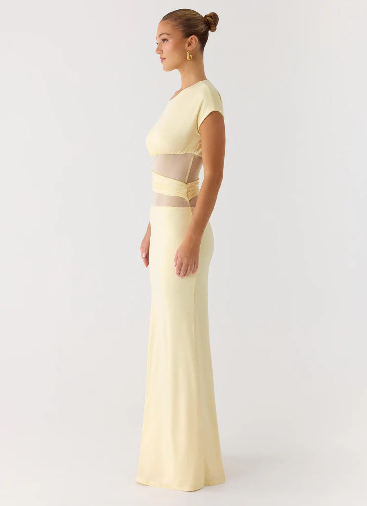 Butter Yellow One Shoulder Mesh Cutout Maxi Prom Dress For Glam Formal Evening Events
