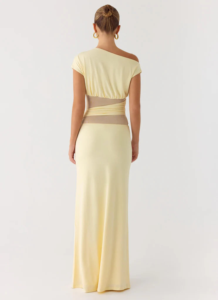 Butter Yellow One Shoulder Mesh Cutout Maxi Prom Dress For Glam Formal Evening Events