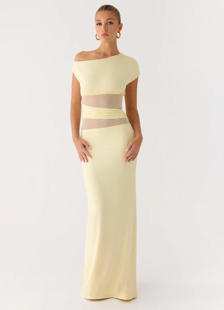 Butter Yellow One Shoulder Mesh Cutout Maxi Prom Dress For Glam Formal Evening Events