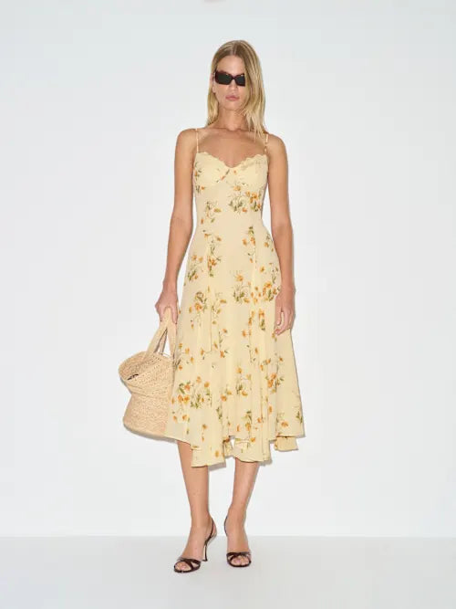 Butter Yellow Orange Floral Print Lace Trim Spaghetti Strap Prom Dress