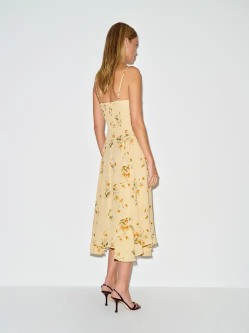 Butter Yellow Orange Floral Print Lace Trim Spaghetti Strap Prom Dress