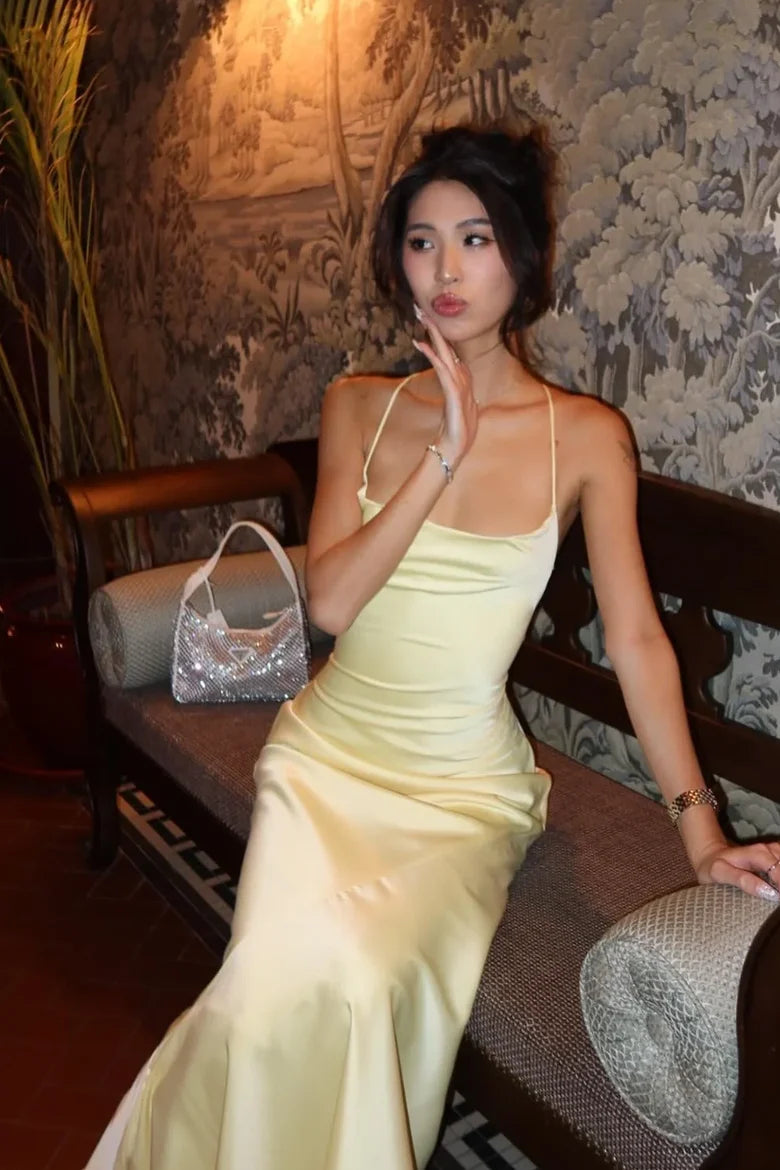Butter Yellow Satin Cowl Neck Lace Up Back Mermaid Maxi Dress