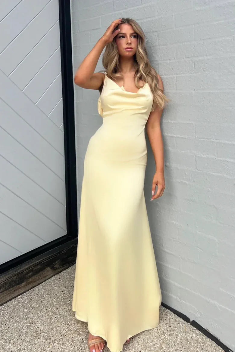 Butter Yellow Satin Pearl Strap Cowl Back Maxi Prom Dress For Special Events