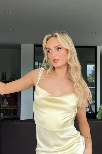 Butter Yellow Satin Pearl Strap Cowl Back Maxi Prom Dress For Special Events