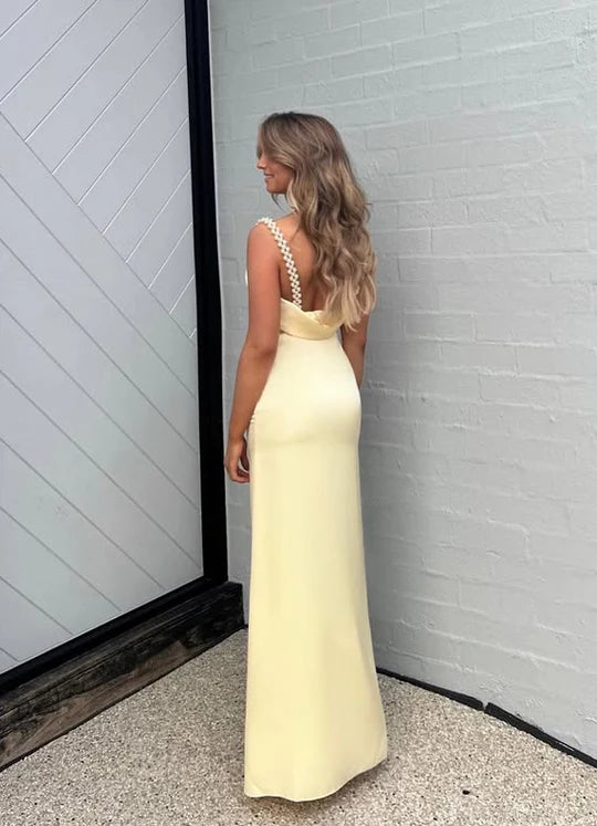 Butter Yellow Satin Pearl Strap Cowl Back Maxi Prom Dress For Special Events