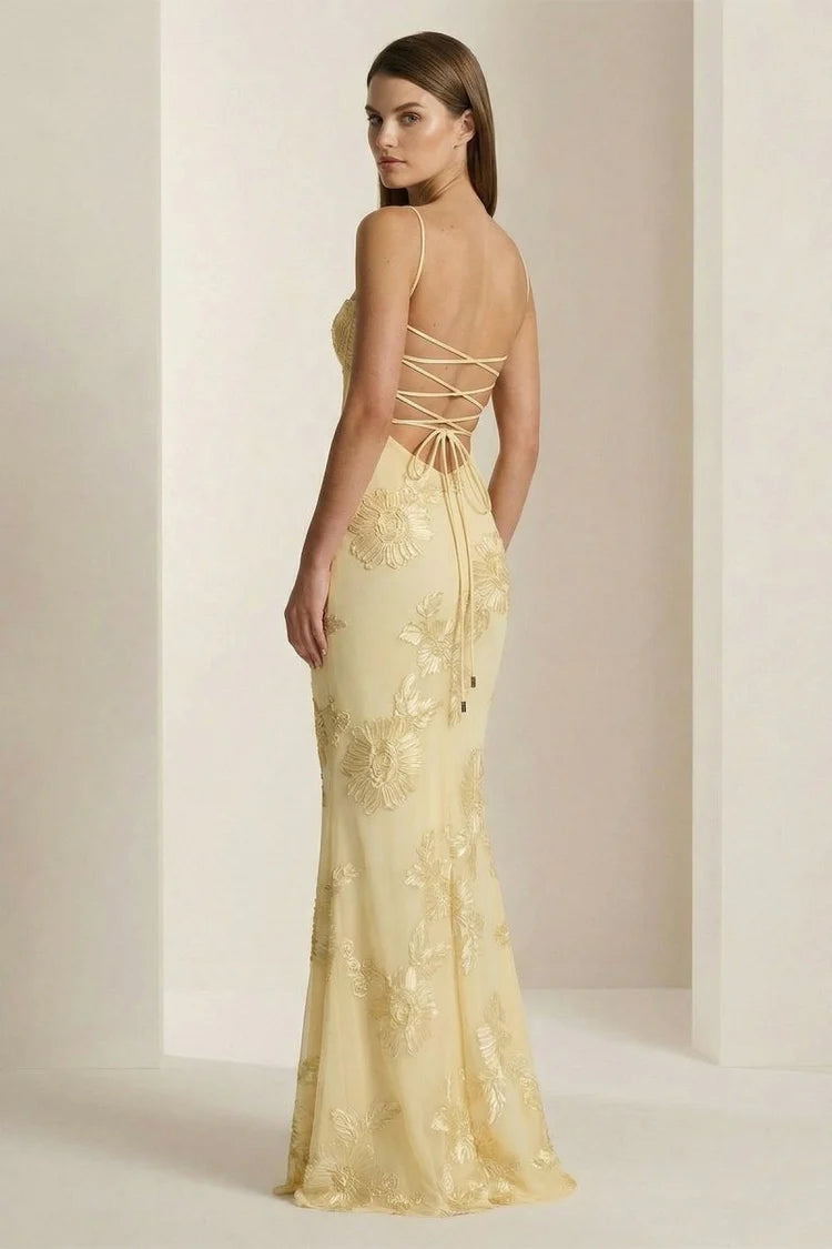 Butter Yellow Spaghetti Strap Mermaid Gown with Gold Floral Embroidery Prom Dress