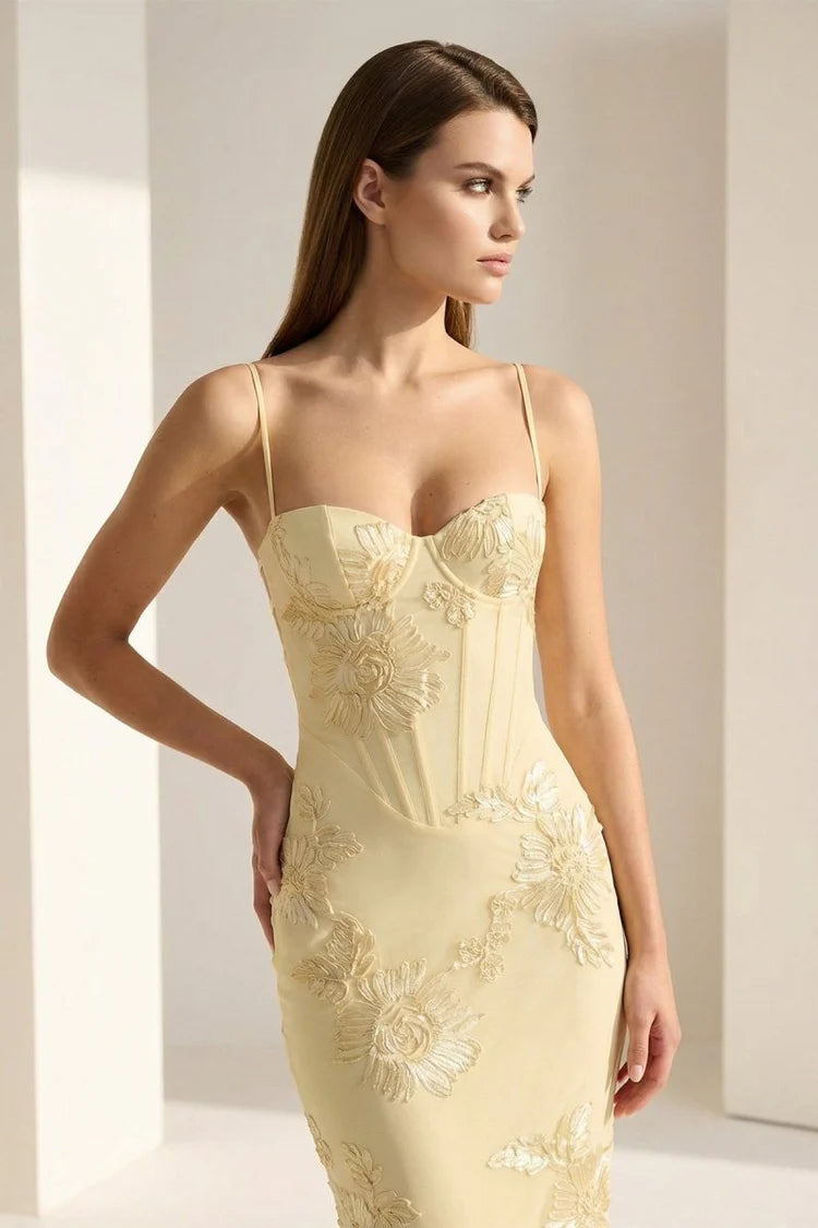 Butter Yellow Spaghetti Strap Mermaid Gown with Gold Floral Embroidery Prom Dress