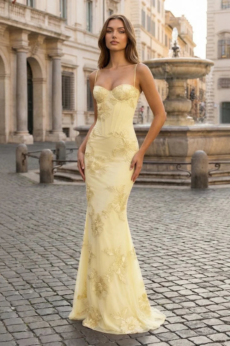 Butter Yellow Spaghetti Strap Mermaid Gown with Gold Floral Embroidery Prom Dress