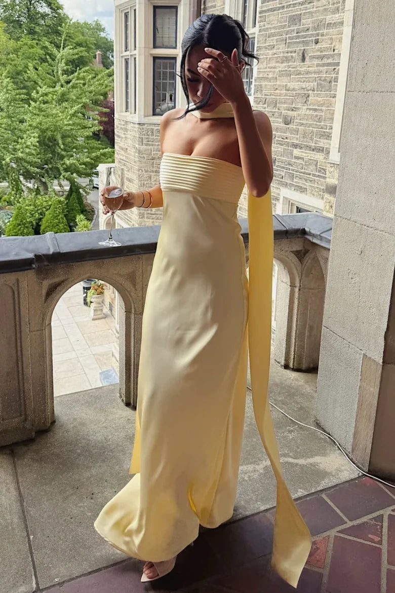 Butter Yellow Strapless Satin Maxi Prom Dress with Halter Sash