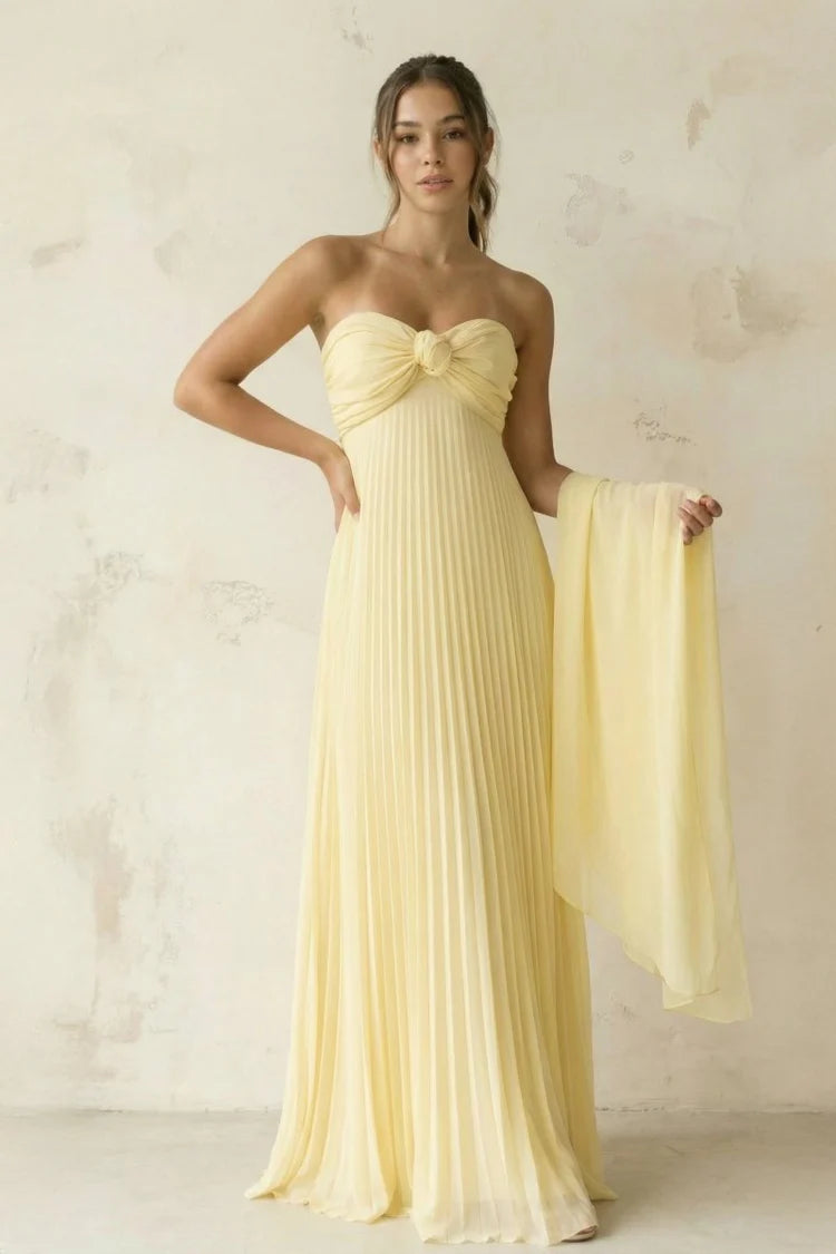 Butter Yellow Strapless Twist Knot Pleated Maxi with Shawl Prom Dress