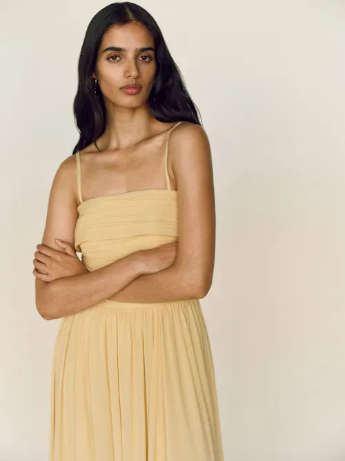 Buttercream Chiffon Strapless Ruched Bodice Convertible Strap Prom Gown