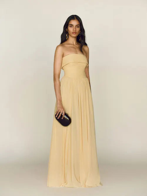 Buttercream Chiffon Strapless Ruched Bodice Convertible Strap Prom Gown