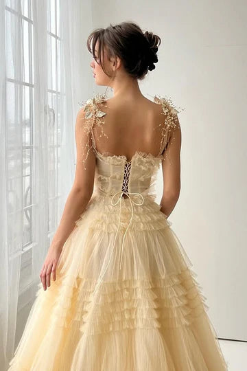Champagne Butterfly Applique Tiered Tulle Ball Gown Prom Dress