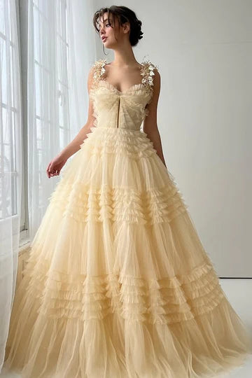 Champagne Butterfly Applique Tiered Tulle Ball Gown Prom Dress