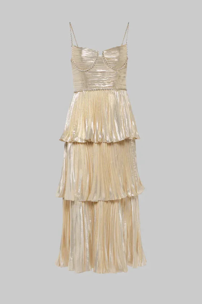 Champagne Metallic Tiered Pleated Midi Dress with Crystal Beaded Straps & Bust Detail