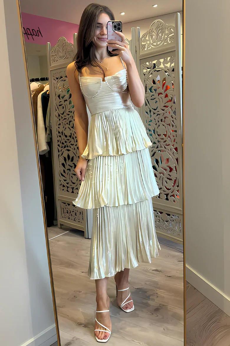 Champagne Metallic Tiered Pleated Midi Dress with Crystal Beaded Straps & Bust Detail