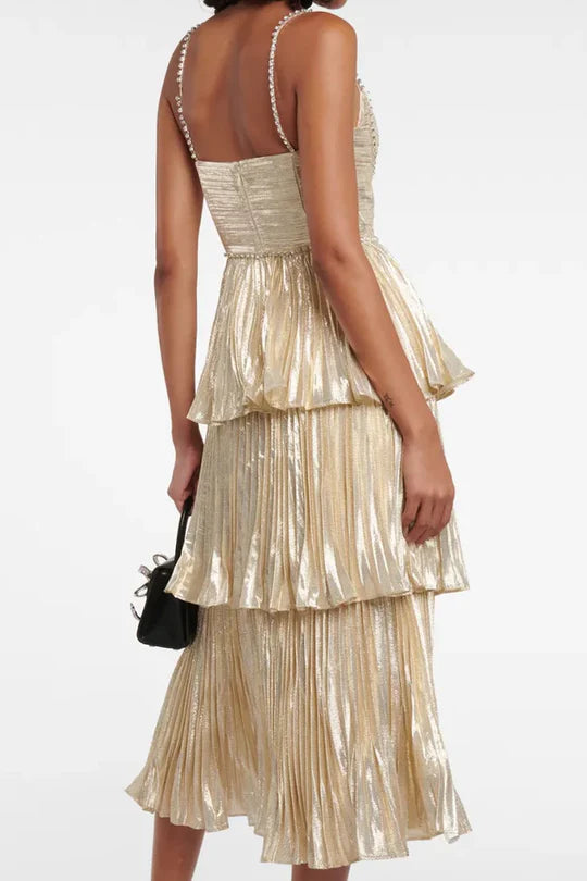 Champagne Metallic Tiered Pleated Midi Dress with Crystal Beaded Straps & Bust Detail