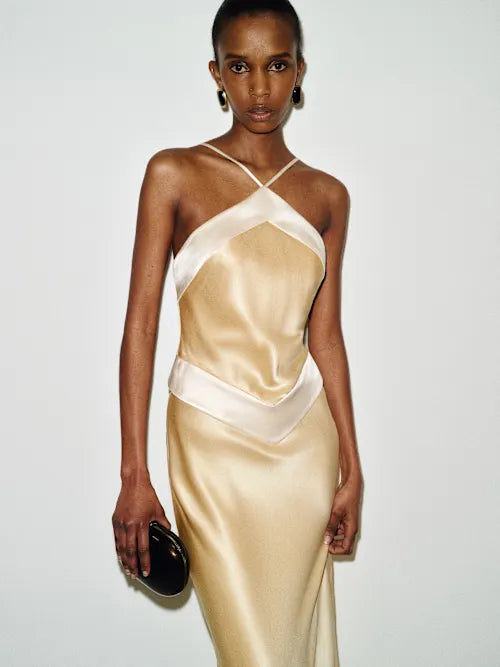 Champagne Satin Contrast Trim Halter Neck Open Back Maxi Prom Dress