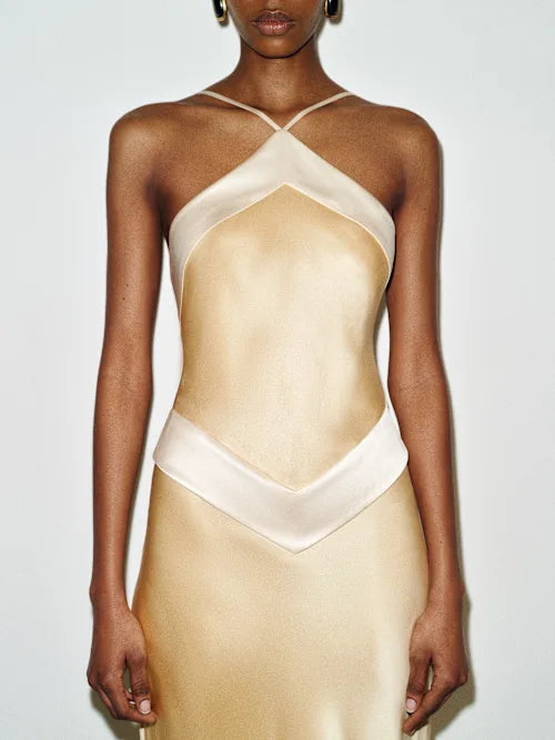 Champagne Satin Contrast Trim Halter Neck Open Back Maxi Prom Dress