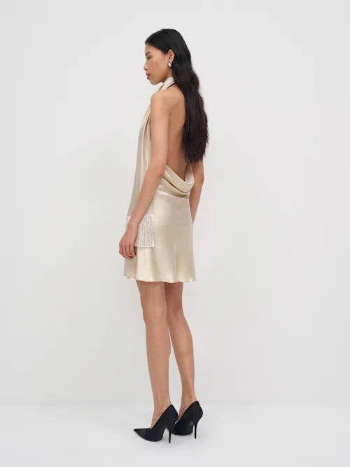 Champagne Satin Halter Neck Open Back Mini Prom Dress with Fringe Ties