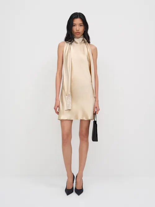 Champagne Satin Halter Neck Open Back Mini Prom Dress with Fringe Ties