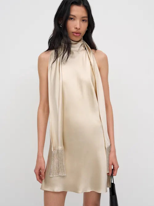 Champagne Satin Halter Neck Open Back Mini Prom Dress with Fringe Ties