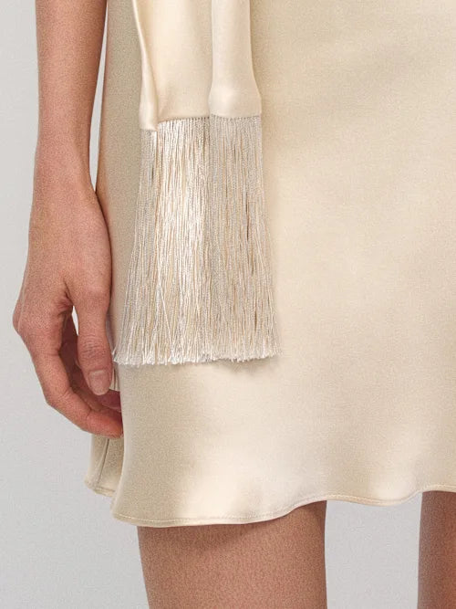 Champagne Satin Halter Neck Open Back Mini Prom Dress with Fringe Ties