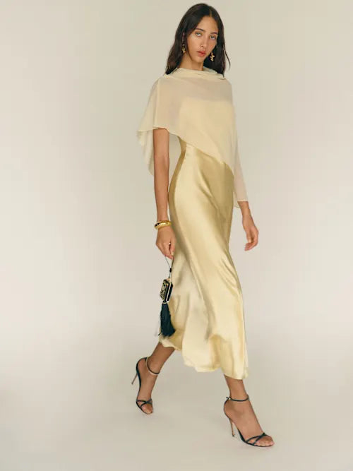 Champagne Satin Slip with Sheer Chiffon Capelet Maxi Prom Dress