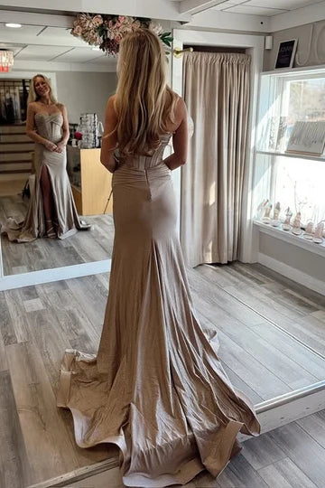 Champagne Strapless Corset Mermaid Prom Dress with High Slit and Train