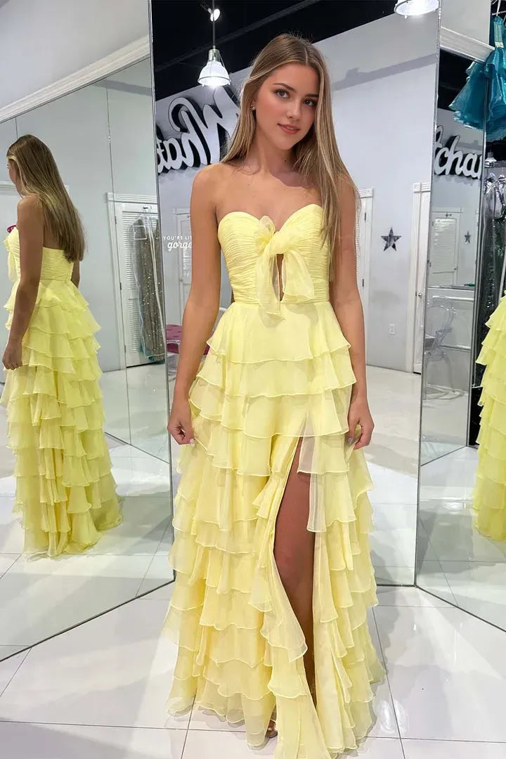 Charming A-Line Chiffon Strapless Sleeveless Ruffle Tiered Open-Back Floor-Length Prom Dresses
