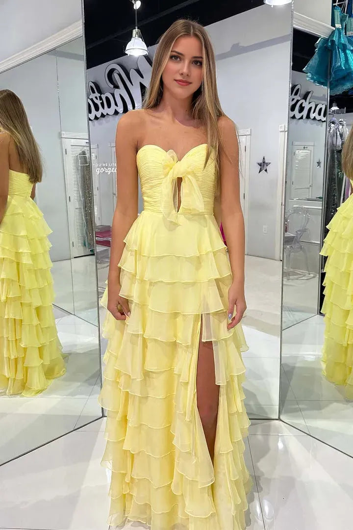 Charming A-Line Chiffon Strapless Sleeveless Ruffle Tiered Open-Back Floor-Length Prom Dresses