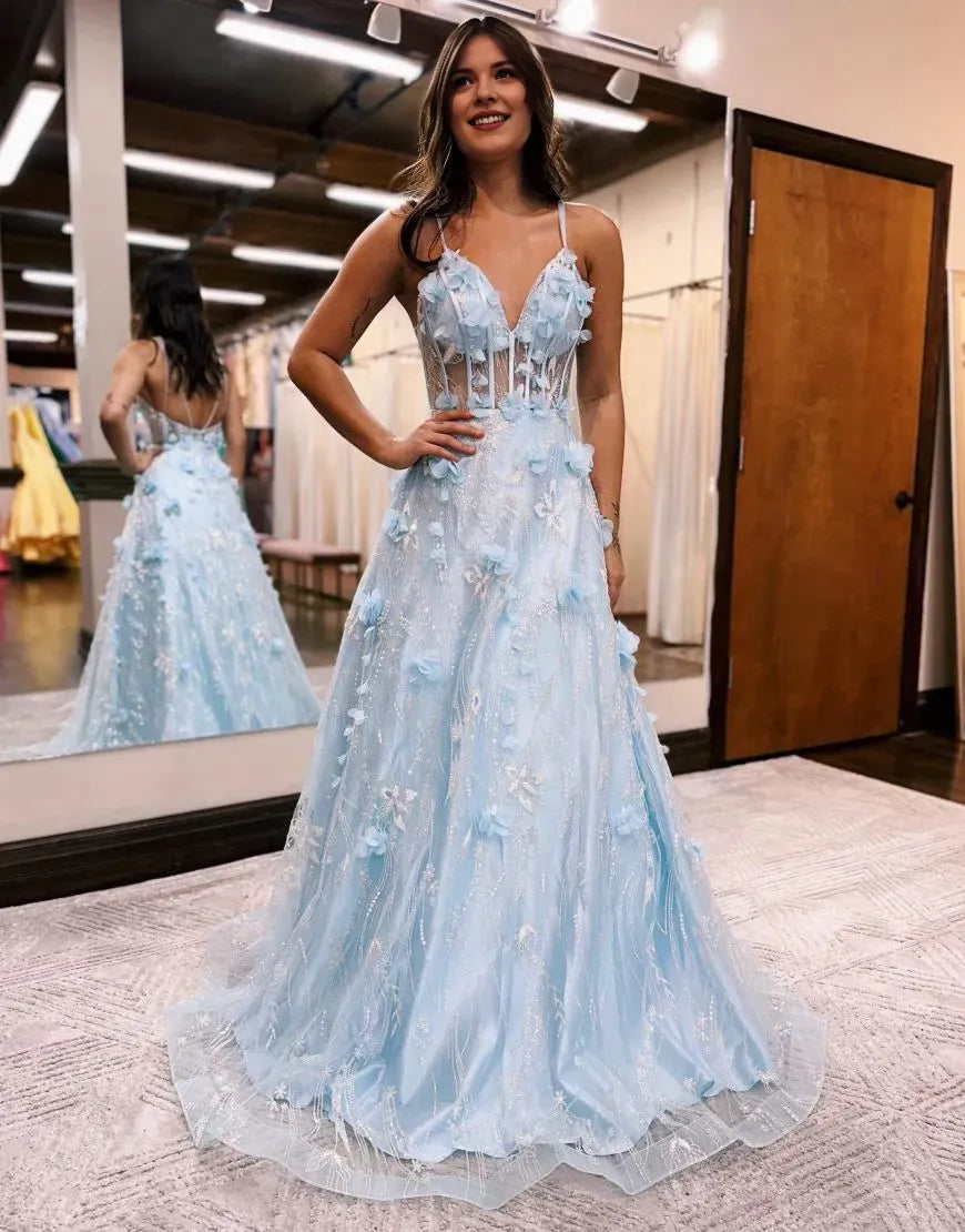 Charming A-Line Deep V-Neck Sleeveless Glitter Tulle Appliques Back Zip Floor-Length Prom Dress With 3D Flowers