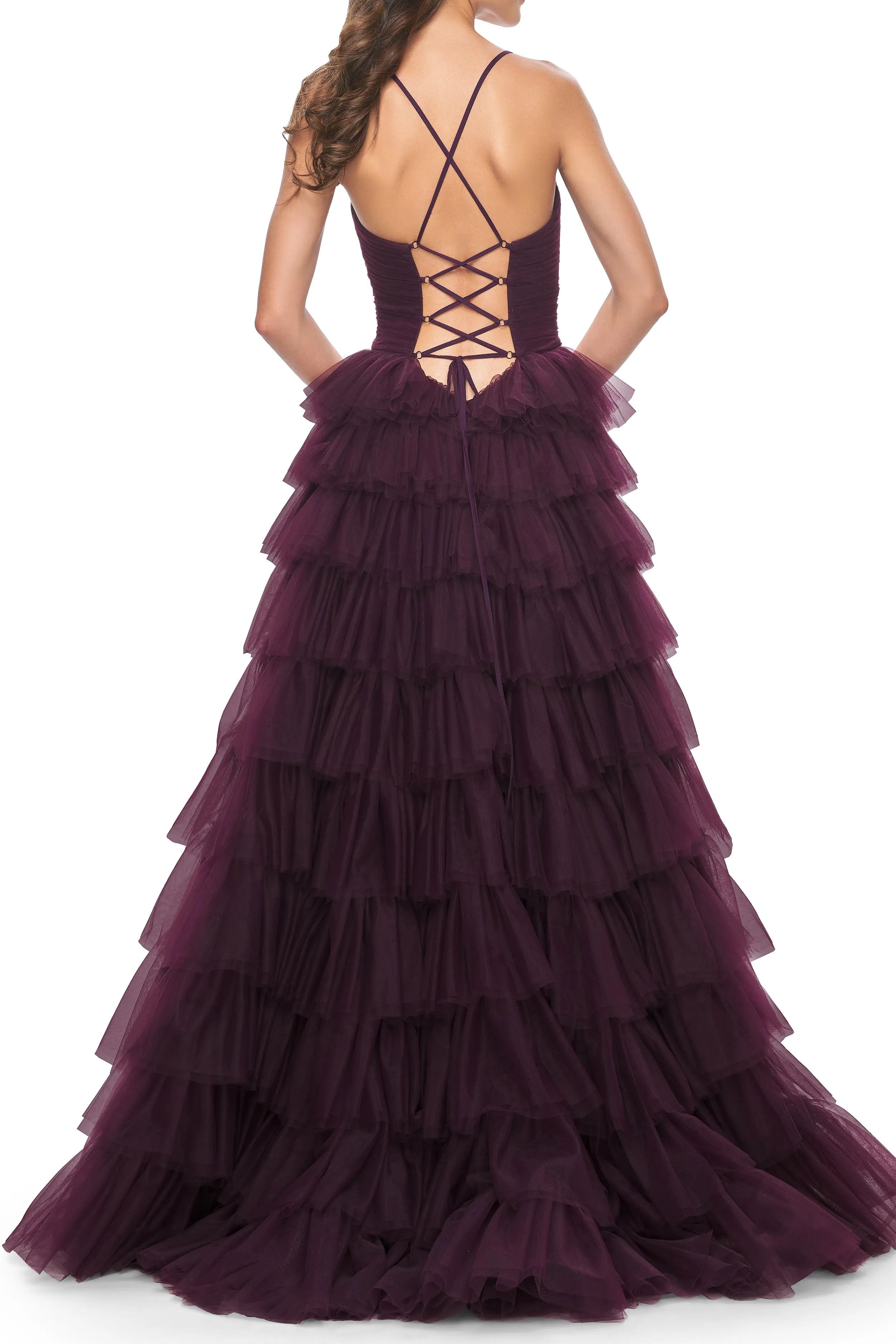 Charming A-Line Deep V -Neck Spaghetti Strap Ruffle Tulle Lace Up Back High Slit Floor - Length Prom Dresses