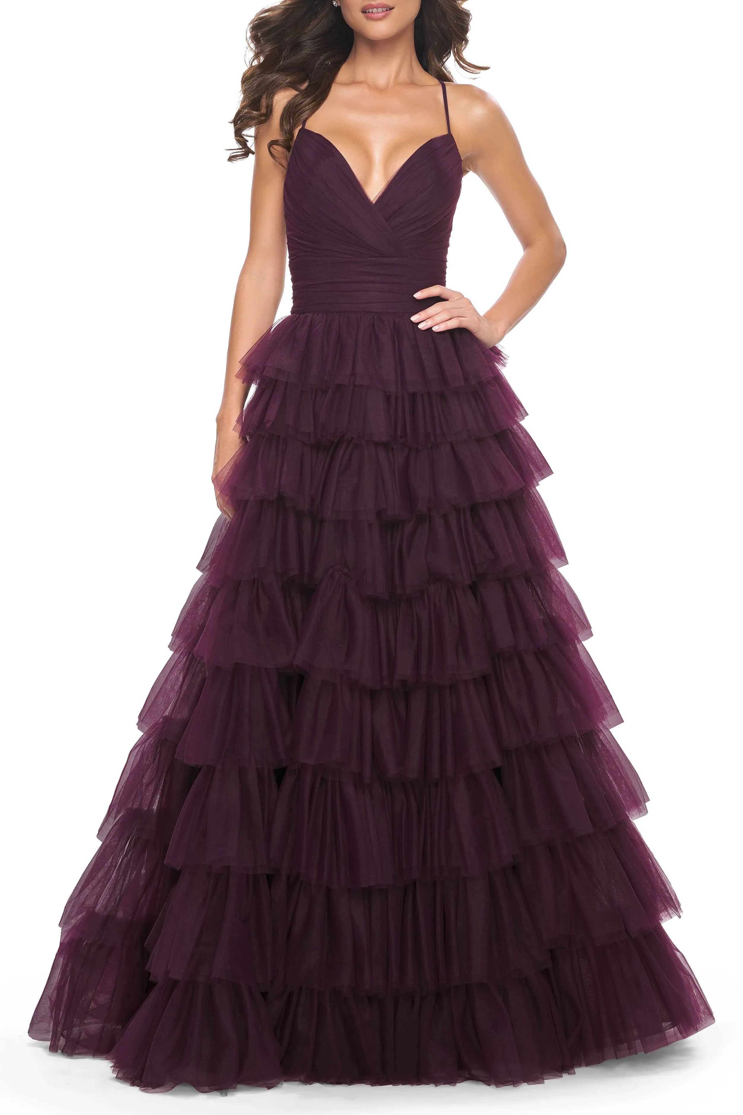 Charming A-Line Deep V -Neck Spaghetti Strap Ruffle Tulle Lace Up Back High Slit Floor - Length Prom Dresses