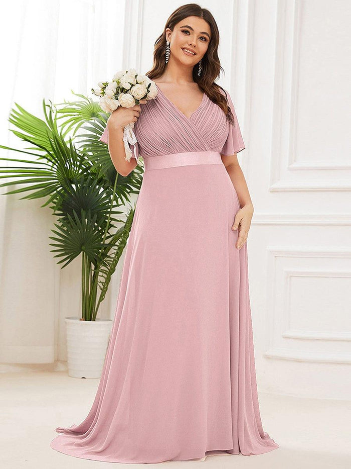 Charming A-Line Deep V Flutter Sleeve Ruched Back Floor-Length Bridesmaid Plus Size Dresses