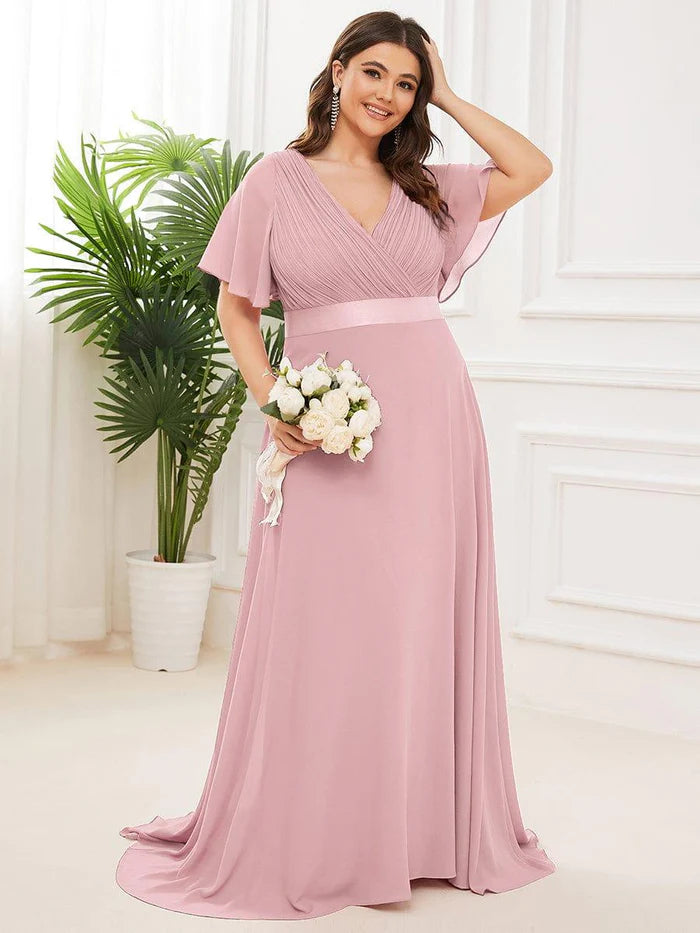 Charming A-Line Deep V Flutter Sleeve Ruched Back Floor-Length Bridesmaid Plus Size Dresses
