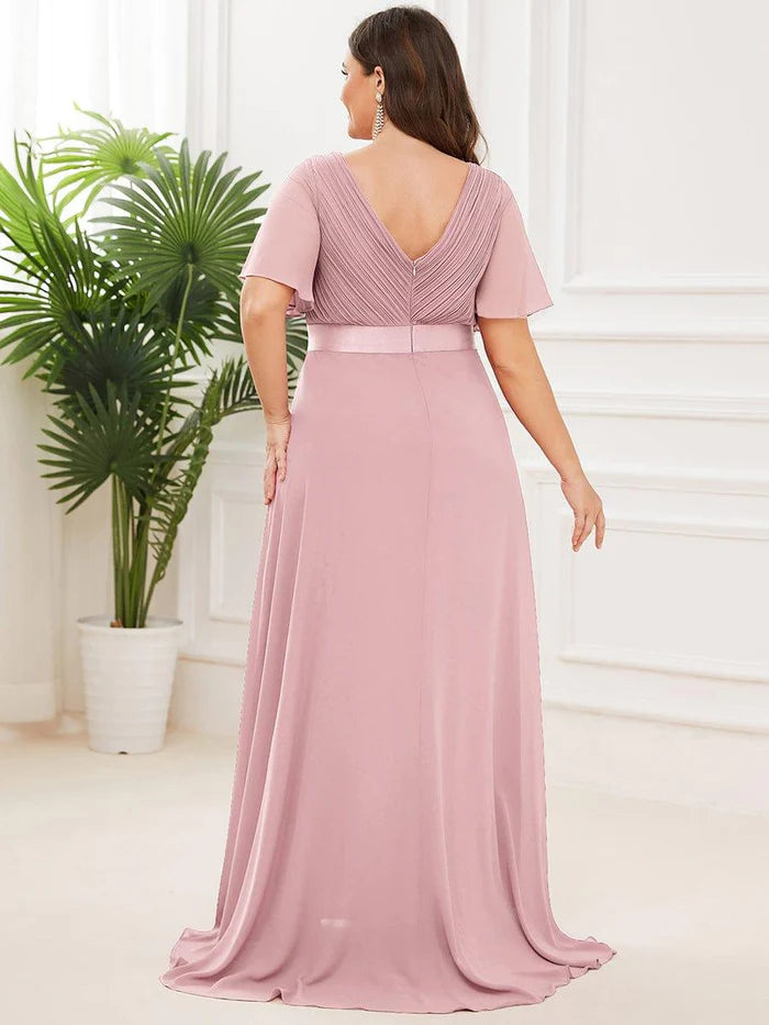 Charming A-Line Deep V Flutter Sleeve Ruched Back Floor-Length Bridesmaid Plus Size Dresses