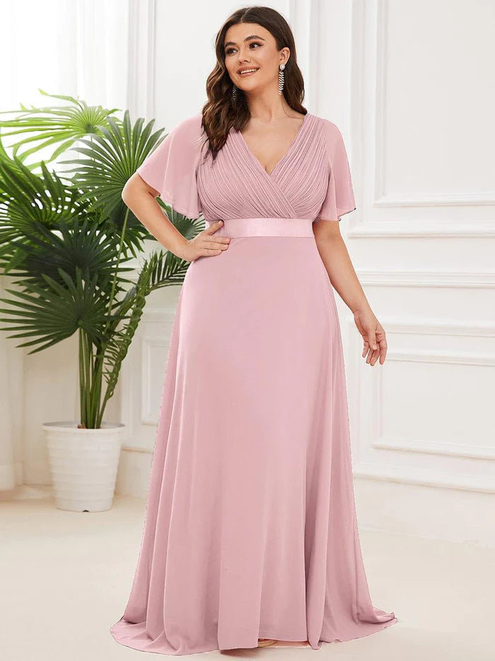 Charming A-Line Deep V Flutter Sleeve Ruched Back Floor-Length Bridesmaid Plus Size Dresses