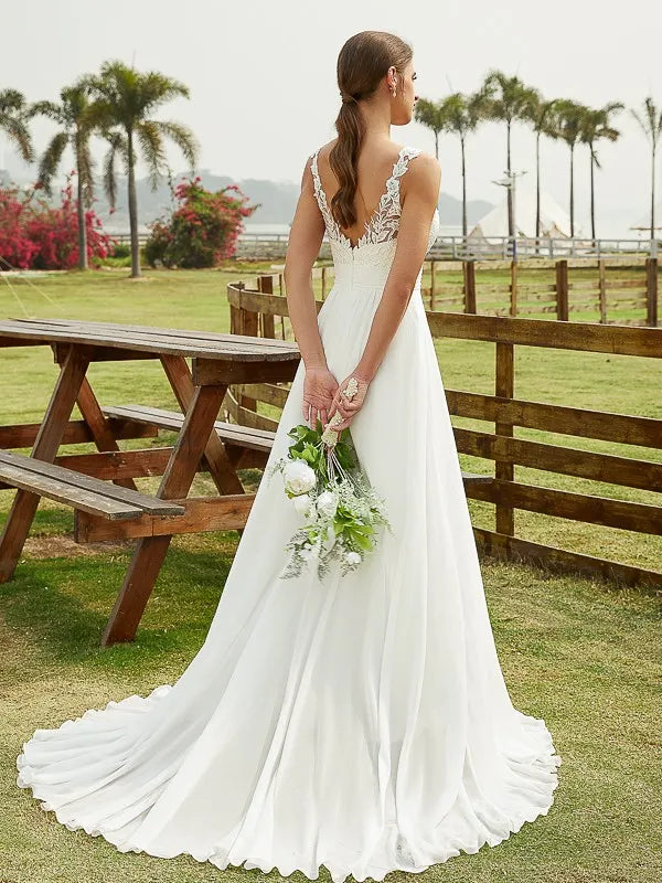 Charming A-Line Illusion Neck Sleeveless Lace Back Train Wedding Dresses