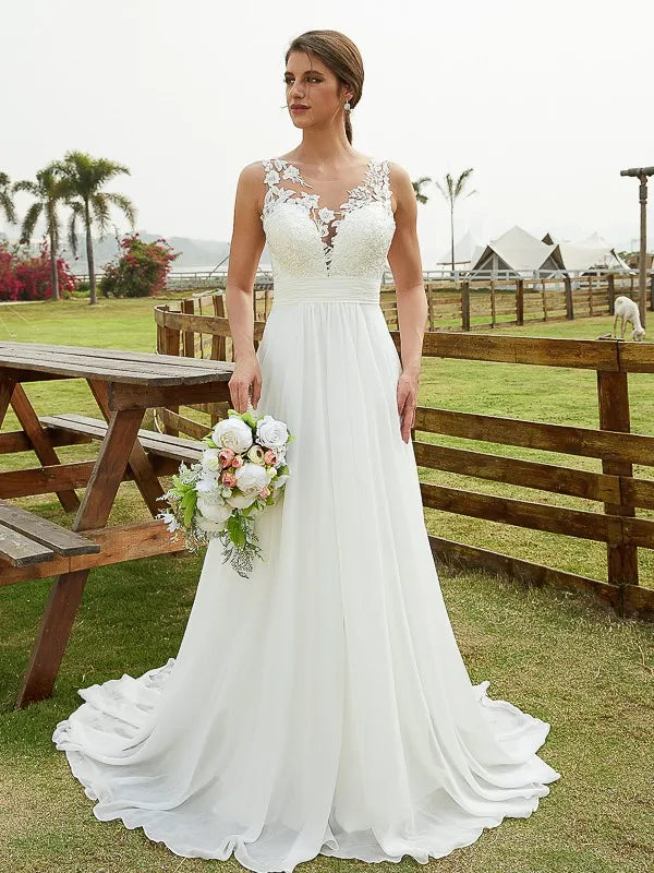 Charming A-Line Illusion Neck Sleeveless Lace Back Train Wedding Dresses