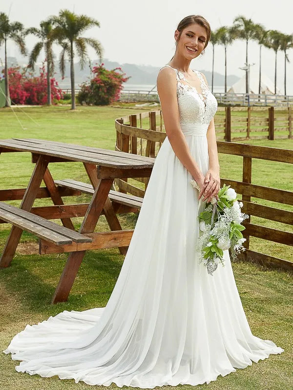 Charming A-Line Illusion Neck Sleeveless Lace Back Train Wedding Dresses