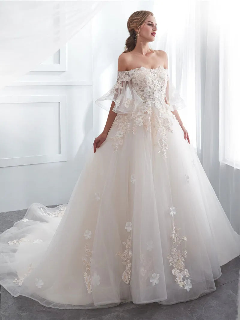 Charming A-Line Off-Shoulder Flutter Sleeve Tulle Lace Lace-Up Floor-Length Wedding Dress