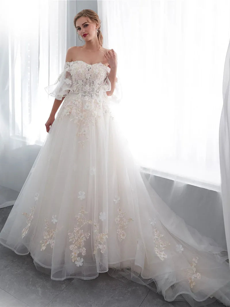 Charming A-Line Off-Shoulder Flutter Sleeve Tulle Lace Lace-Up Floor-Length Wedding Dress